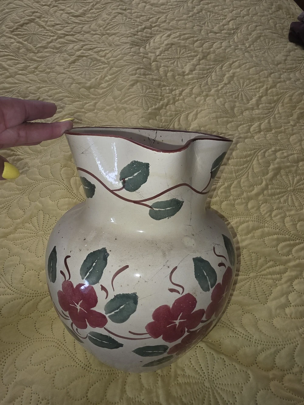 Cream Ceramic Pitcher with Red Floral Design